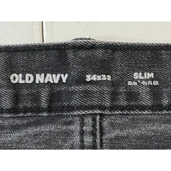 Old Navy Slim BuiltIn Flex Jeans Mens 34x32 Washed Black Distressed Ripped Knees - Picture 12 of 13